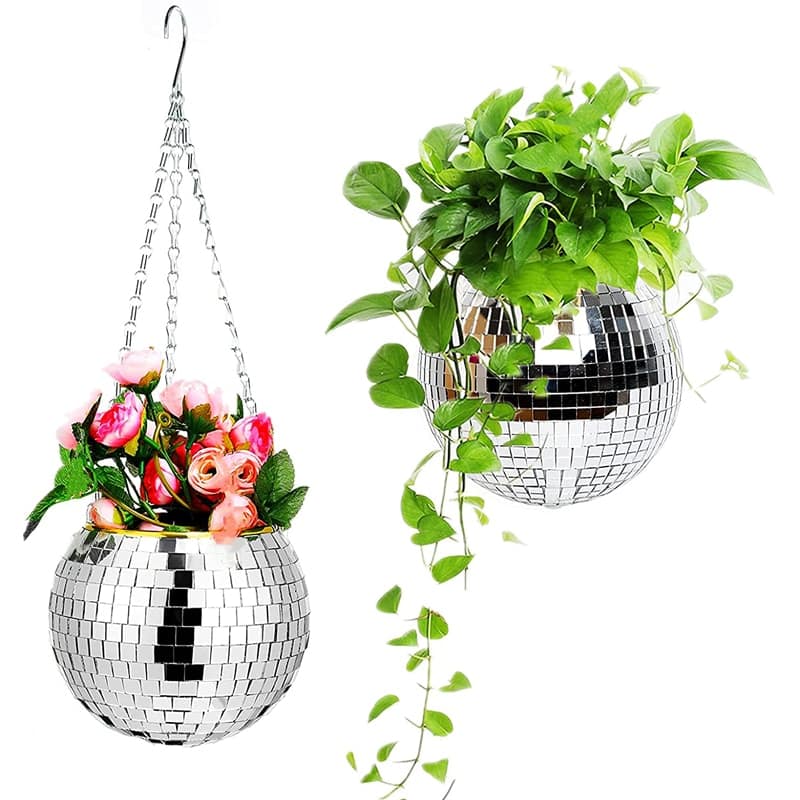 Pot de fleurs suspendu boule à facette disco Argent