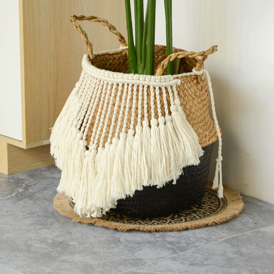 Cache-pot en rotin sous forme de panier avec pompon pour décoration intérieure_11