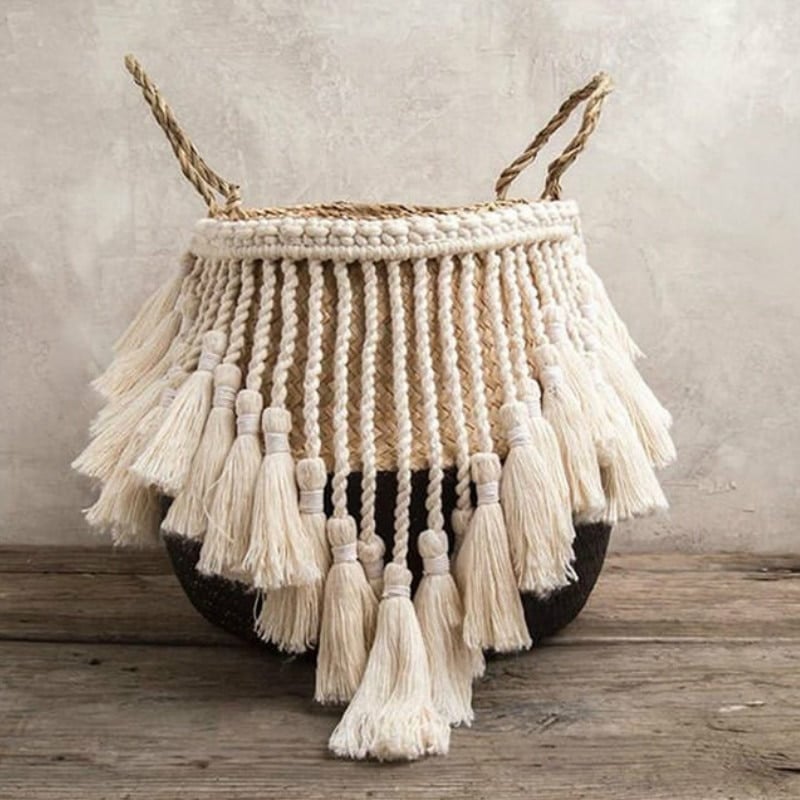 Cache-pot en rotin sous forme de panier avec pompon pour décoration intérieure_15