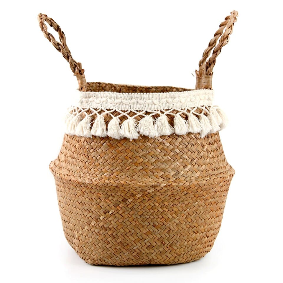 Cache-pot en rotin sous forme de panier avec pompon pour décoration intérieure Dentelle à gros pompons 32cmX28cm