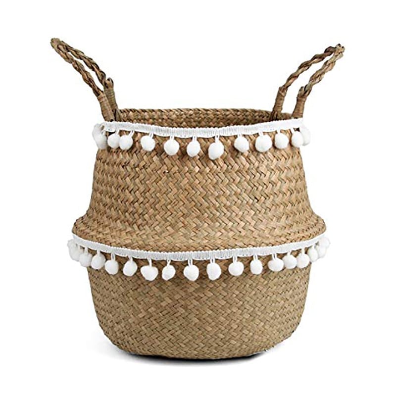 Cache-pot en rotin sous forme de panier avec pompon pour décoration intérieure Dentelle boule blanche 32cmX28cm