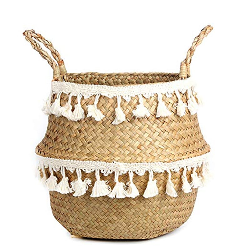 Cache-pot en rotin sous forme de panier avec pompon pour décoration intérieure Petit pompon en dentelle 32cmX28cm