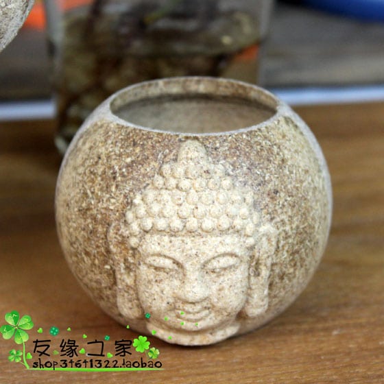 Cache pot design en visage de bouddha en bois_1