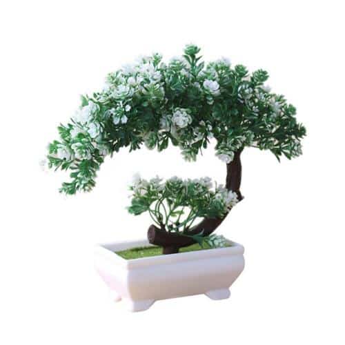 Plante artificielle bonsaï en pot pour la décoration de salon Verte blanche